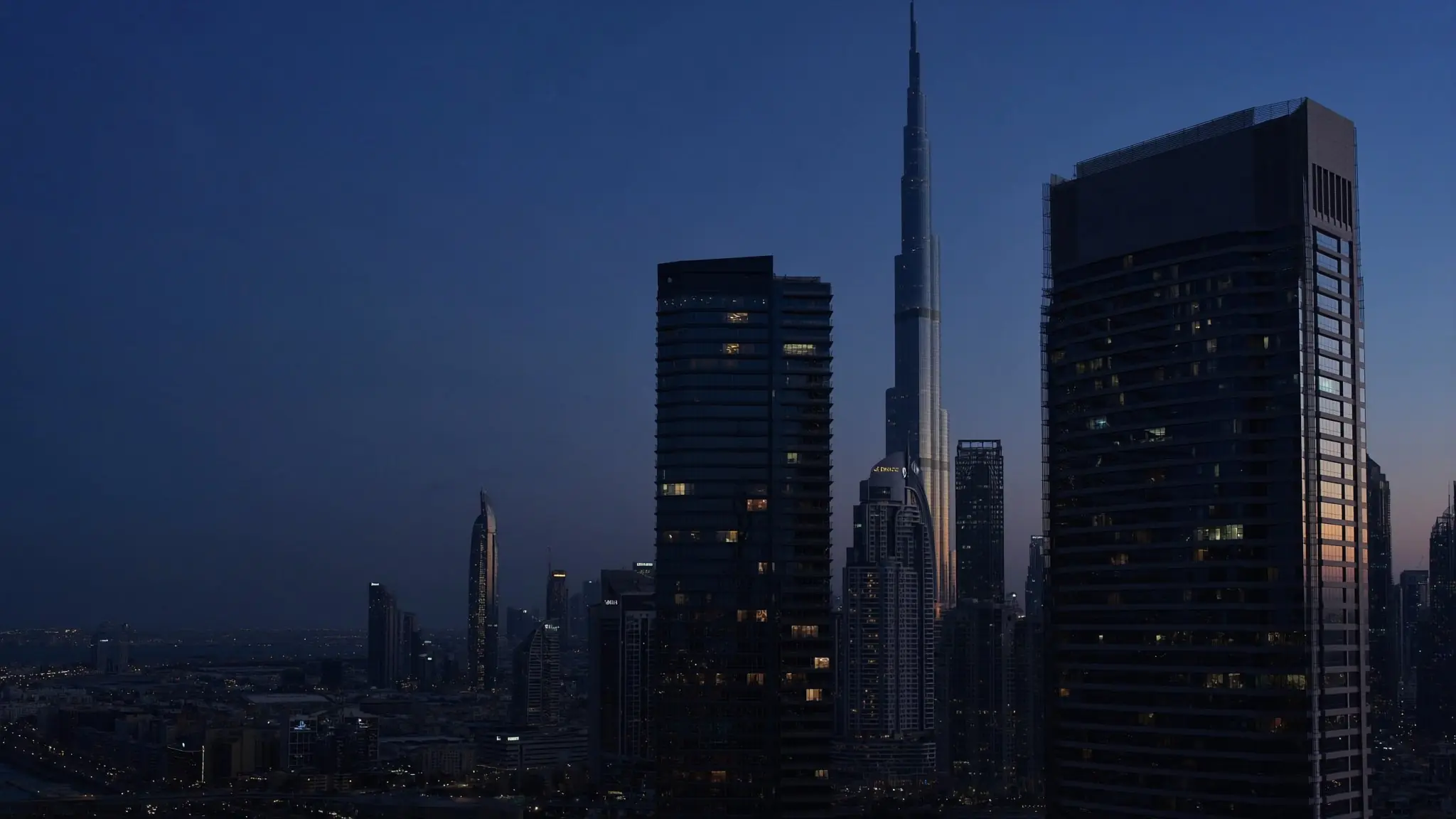 Dubai skyline at blue hour, seen from Business Bay